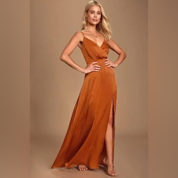 Lulus Constantine Rust Orange Satin Maxi Dress Size S Formal Dance Prom Cocktail - Picture 1 of 10